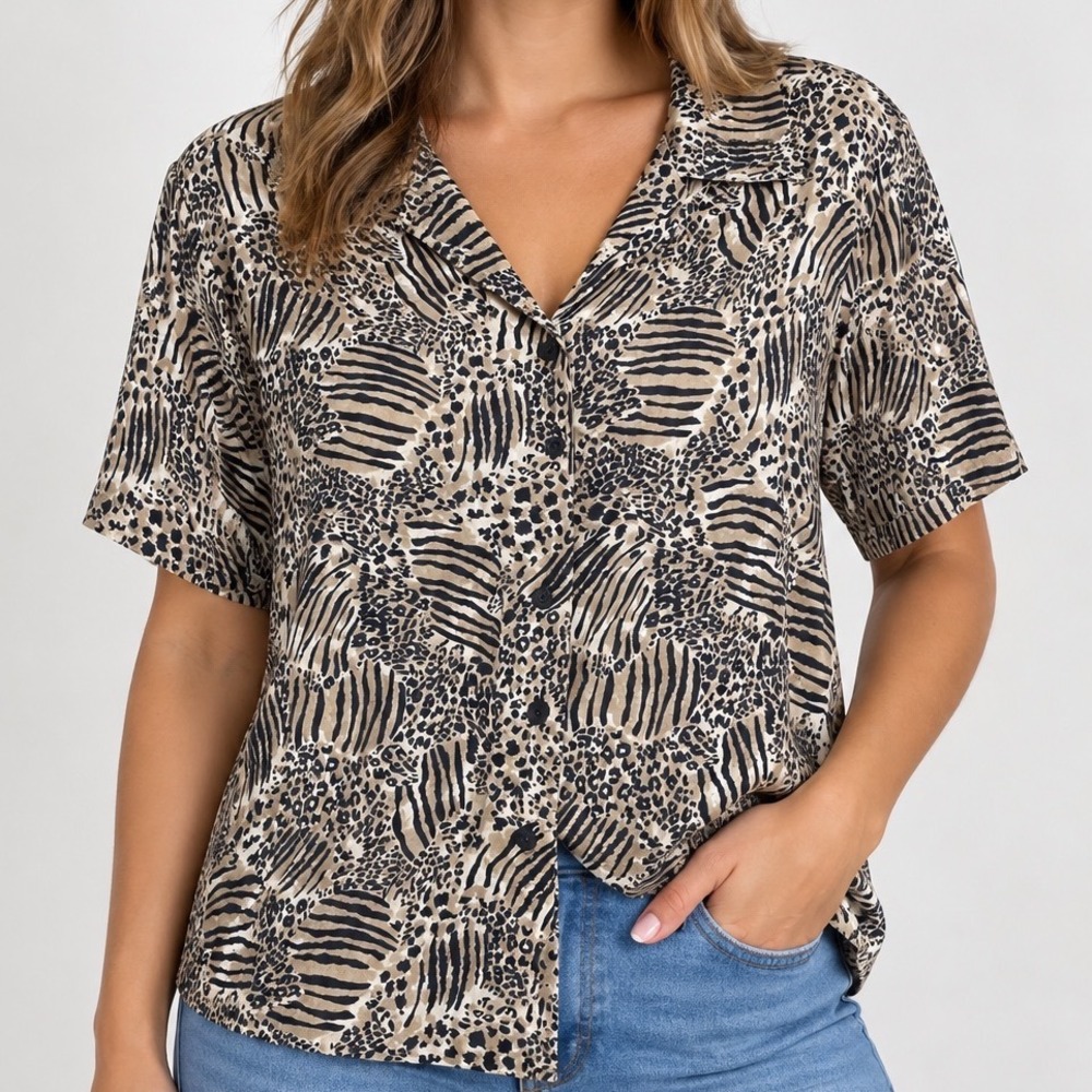 100% Silk Animal Print Blouse Womens S Leopard Zebra Safari Button Front 90s